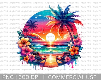 Watercolor Beach Sunset Clipart, Tropical Flowers PNG, Digital Download