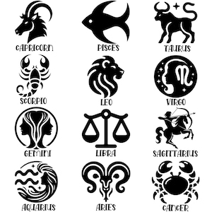 May include: Black and white illustrations of the 12 zodiac signs. Each sign is depicted with its corresponding symbol and name. The signs are: Capricorn, Pisces, Taurus, Scorpio, Leo, Virgo, Gemini, Libra, Sagittarius, Aquarius, Aries, and Cancer.