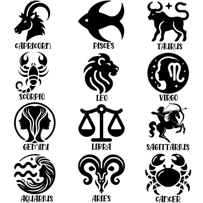 May include: Black and white illustrations of the 12 zodiac signs. Each sign is depicted with its corresponding symbol and name. The signs are: Capricorn, Pisces, Taurus, Scorpio, Leo, Virgo, Gemini, Libra, Sagittarius, Aquarius, Aries, and Cancer.
