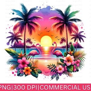 May include: A digital illustration of two pink flamingos standing in the water with palm trees and tropical flowers in the foreground. The background is a watercolor sunset with a bright orange sun.