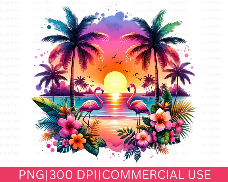 May include: A digital illustration of two pink flamingos standing in the water with palm trees and tropical flowers in the foreground. The background is a watercolor sunset with a bright orange sun.