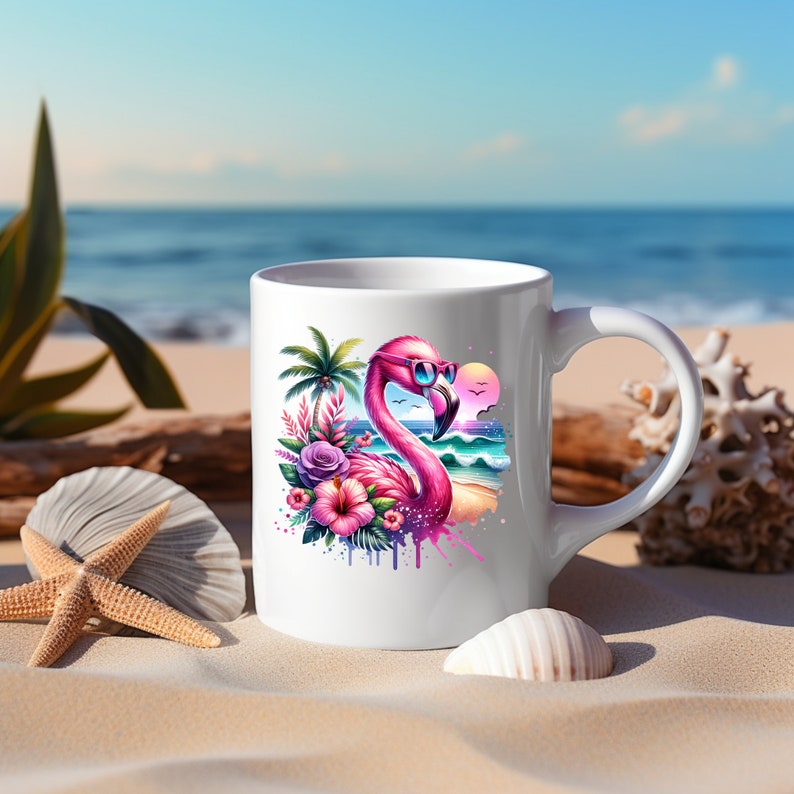 May include: White ceramic mug with a pink flamingo wearing sunglasses and a tropical scene with palm trees, flowers, and ocean waves.