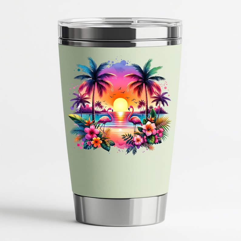 May include: A stainless steel travel tumbler with a light green background featuring a colorful sunset scene with palm trees, pink flamingos, and tropical flowers.