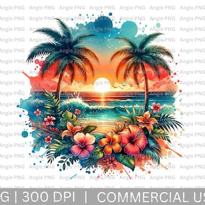 Aquarell Strand Sonnenuntergang Clipart, Print On Demand Strand Clipart, Sommer Hintergrund, T-shirt Designs, Tropische Blumen PNG, Design für Poster
