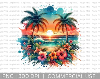 Watercolor Beach Sunset Clipart: Tropical Flowers PNG, Digital Download