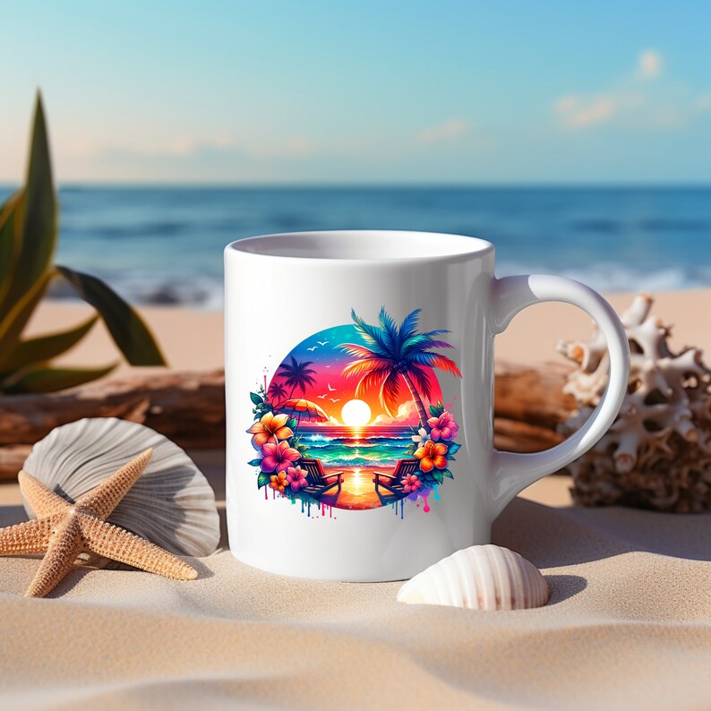 May include: White ceramic mug featuring a vibrant beach scene with a sunset, palm trees, and lounge chairs. The design includes colorful flowers and a tropical aesthetic. The mug is set on a sandy beach with seashells and driftwood.