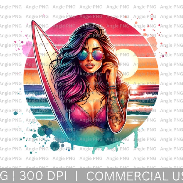 Sublimate Beach T-Shirt Design, Surfer Girl PNG, Retro Summer Clipart for Commercial Use, Sunset Illustration, Print On Demand T-shirt, POD