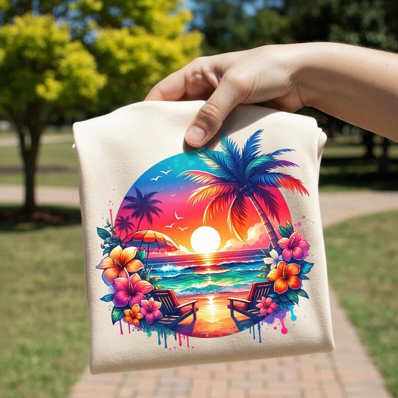 May include: A beige tote bag featuring a vibrant tropical beach scene. The design includes a sunset, palm trees, ocean waves, beach chairs, and colorful flowers. The artwork is framed in a circular shape.