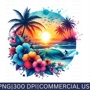 Clipart de pôr do sol, Clipart de aquarela, PNG de verão, Design de camiseta, PNG de praia, Clipart náutico, PNG de surfista, Camiseta impressa sob demanda, Design de caneca