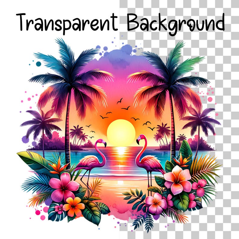May include: A digital illustration of a tropical sunset scene with two pink flamingos standing in the water. The scene is surrounded by lush green palm trees and colorful flowers. The text "Transparent Background" is visible in the upper right corner of the image.