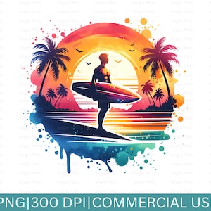 Clipart acquerello, PNG estate, PNG tropicale, Sublimazione spiaggia, PNG tramonto spiaggia, PNG tavola da surf, PNG tramonto, PNG surfista, Design bicchiere