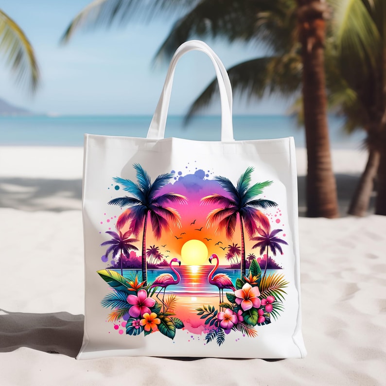 May include: White canvas tote bag with a colorful sunset scene featuring palm trees, pink flamingos, and tropical flowers.