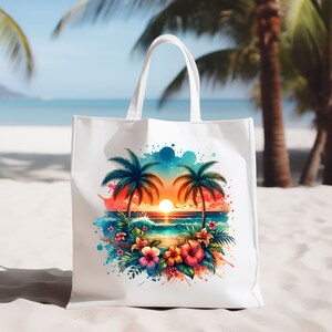 Pu&ograve; includere: Borsa tote in tela bianca con una scena di tramonto colorata con palme, onde oceaniche e fiori tropicali. Il design &egrave; dipinto in stile acquerello con schizzi di colore.
