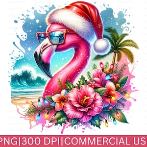 Kerst roze flamingo png, kerst png, flamingo strandafbeelding, flamingo aquarel clipart, kerstfeest, flamingo cartoon png, t-shirt