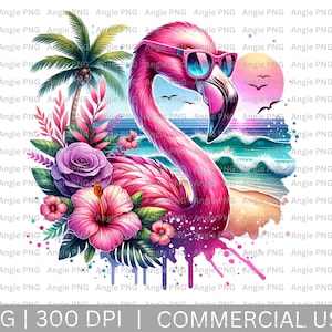 May include: A pink flamingo with sunglasses is depicted in a watercolor style. The flamingo is surrounded by tropical flowers and greenery, with a beach scene in the background. The image has a vibrant and colorful aesthetic.