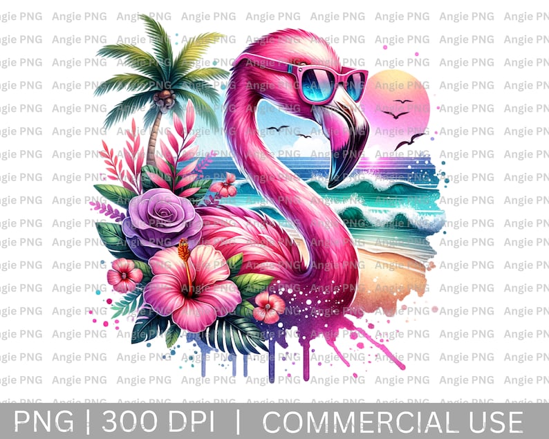 May include: A pink flamingo with sunglasses is depicted in a watercolor style. The flamingo is surrounded by tropical flowers and greenery, with a beach scene in the background. The image has a vibrant and colorful aesthetic.