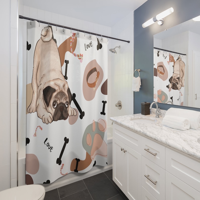Dog Shower Curtain, Pug, Dog Lover, Kids Shower Curtain, Cute Shower