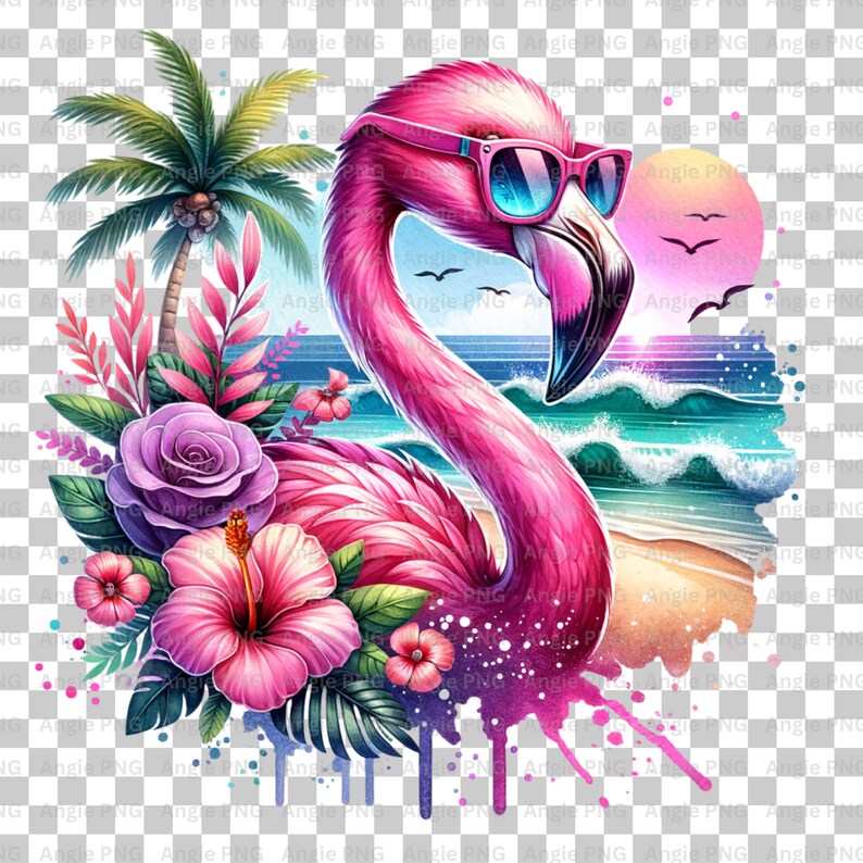 May include: A pink flamingo with sunglasses is standing in front of a beach scene with palm trees, flowers, and ocean waves. The flamingo is surrounded by tropical flowers, including a pink hibiscus and purple roses.