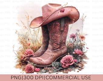 Roze cowgirllaarzen en -hoed, bloemenwestern png-sublimatieontwerp