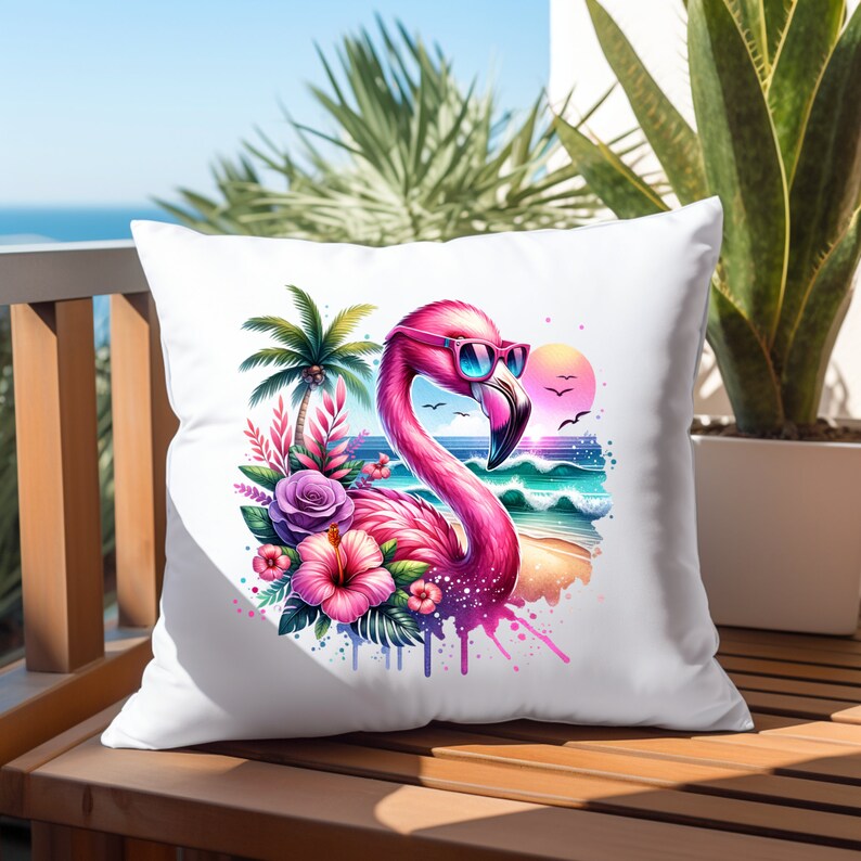 May include: White throw pillow with a pink flamingo wearing sunglasses in front of a beach scene with palm trees, flowers, and ocean waves.