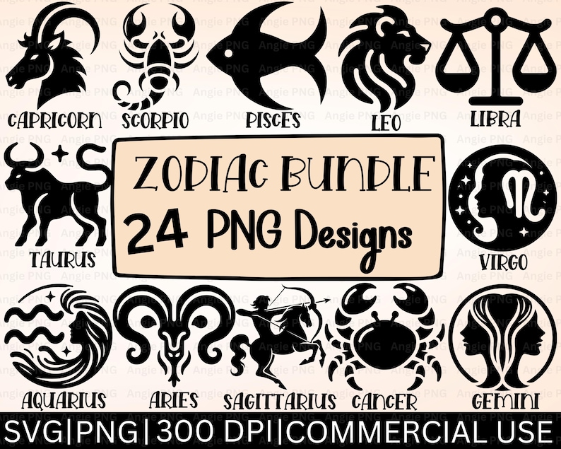 Transparent background PNG design featuring a black zodiac bundle preview with astrology signs and horoscope symbols, including Capricorn, Scorpio, Pisces, Leo, Libra, Taurus, Virgo, Aquarius, Aries, Sagittarius, Cancer, and Gemini. The design includes bold silhouette-style zodiac artwork and text reading “Zodiac Bundle 24 PNG Designs.”