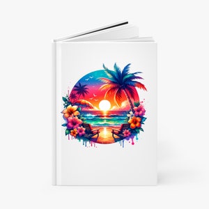 May include: White journal featuring a vibrant beach scene. The cover art depicts a sunset over the ocean, palm trees, beach chairs, and colorful flowers. The design is enclosed in a circular frame with a bright, tropical color palette.