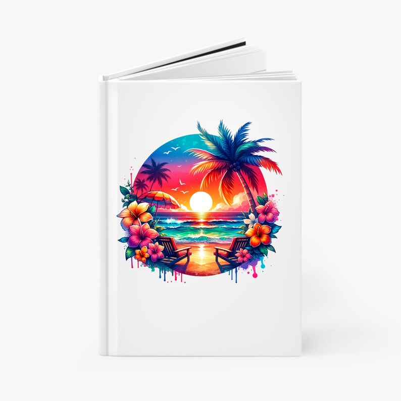 May include: White journal featuring a vibrant beach scene. The cover art depicts a sunset over the ocean, palm trees, beach chairs, and colorful flowers. The design is enclosed in a circular frame with a bright, tropical color palette.
