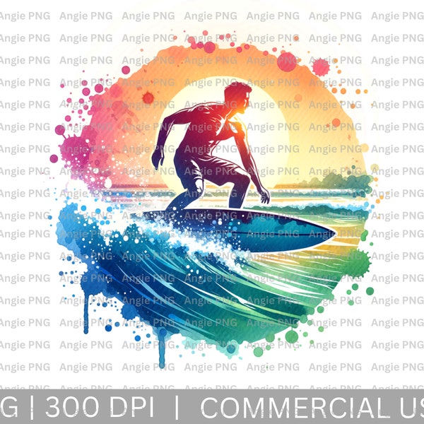 Ocean Sunset Clip Art, Watercolor Surfboard Clipart For T-shirts, Summer PNG, Surf Clipart, Sunset Beach png Clipart For Commercial, Surfer