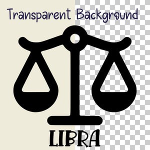 May include: Black and white illustration of a Libra zodiac sign, featuring a set of scales with the word "LIBRA" written below.