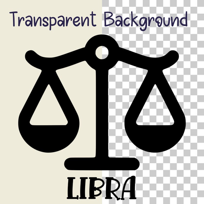 May include: Black and white illustration of a Libra zodiac sign, featuring a set of scales with the word "LIBRA" written below.