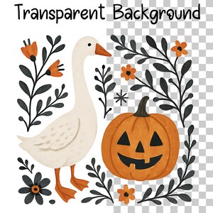 May include: Watercolor illustration featuring a white goose with orange feet and beak, a carved orange pumpkin, and black floral elements. The words "Transparent Background" are at the top. The design has a fall or Halloween theme.