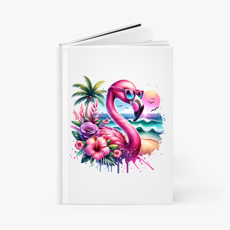 May include: A pink flamingo with sunglasses is depicted in a watercolor style with tropical flowers and a beach scene in the background.