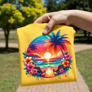 May include: Yellow tote bag featuring a vibrant tropical beach scene. The design includes palm trees, a sunset, ocean waves, and beach chairs. The artwork is framed by colorful flowers and a rainbow sky.