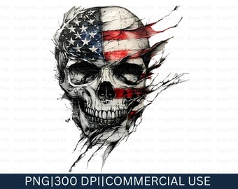 Patriotic Skull PNG: Distressed American Flag Skull Clipart, Biker Sublimation Digital Download