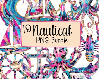 Nautical Brushstrokes Clipart Bundle, Sailboat, Lobster, Whale PNGs, Digital Download