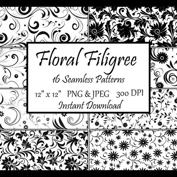 16 Floral Filigree Seamless Patterns | Repeating Pattern Bundle | Vintage Floral Pattern | Seamless Pattern PNG & JPEG | Sublimation Designs