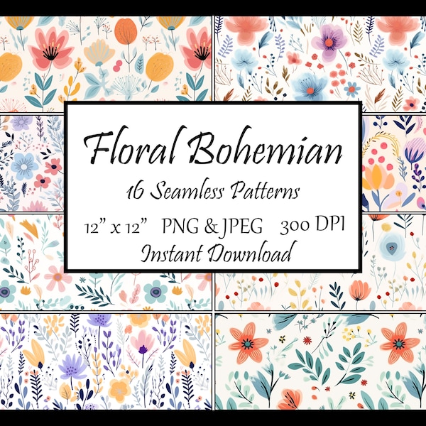 16 Floral Bohemian Seamless Patterns | Repeating Pattern Bundle | Colorful Digital Paper | Seamless Pattern PNG & JPEG | Sublimation Designs