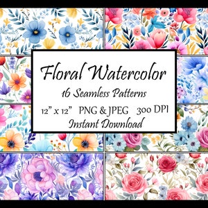 16 Floral Watercolor Seamless Patterns | Sublimation Designs | Repeating Pattern Bundle | Digital Papers | Seamless Pattern PNG & JPEG