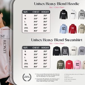 The image is a collage of various images, including a woman wearing a pink hoodie, a black and white sport sweatshirt, and a red and white sweatshirt. The collage also includes a chart with different sizes and colors of heavy blend hoodies and a chart with different sizes and colors of unisex heavy blend sweatshirts.