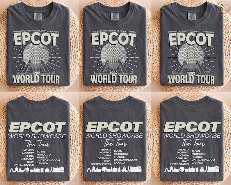 six gray t-shirts with the same design, featuring the text "EPCOT WORLD TOUR" and a graphic of the EPCOT World Showcase.