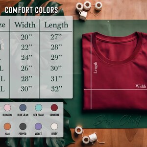 a size chart for a red t-shirt, along with a red t-shirt and a color swatch for selecting the color of the t-shirt.