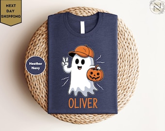 Custom Ghost Halloween With Kid Names Shirt, Custom Halloween Tshirt, Boy Girl Halloween Shirt, Fall Pumpkin Tee