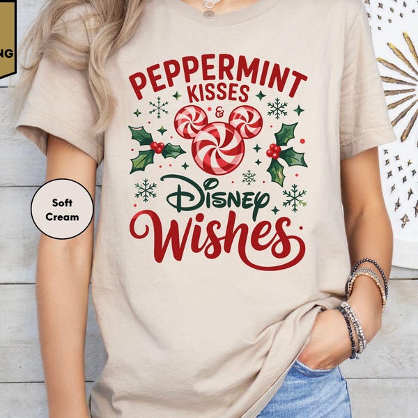 Peppermint Kisses and Disney Wishes Sweatshirt, Disney Christmas Tshirt, Christmas Gift, Mickey Christmas, Christmas Tee