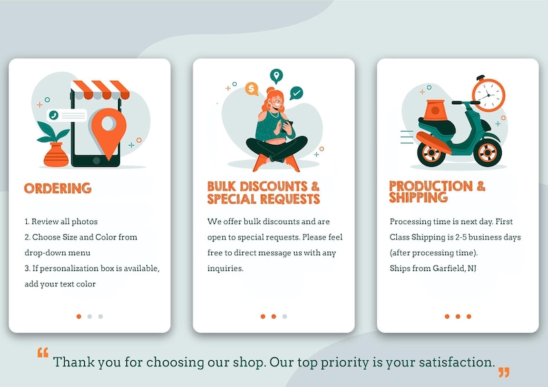 The image is a collage of three different illustrations, each representing a different step in the process of ordering, bulk discounts, and shipping. The illustrations include a smartphone, a person sitting, and a motorcycle.