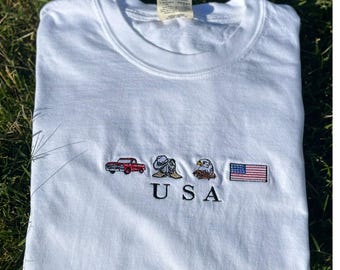 USA Embroidery Shirt, United States, America, Flag, Cowboy Boots Cowboy Ha, Cowgirl Truck Jeep Eagle Patriot July 4th USA Flag Shirt
