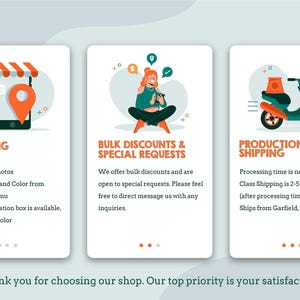 The image is a collage of three different illustrations, each representing a different step in the process of ordering, bulk discounts, and shipping. The illustrations include a smartphone, a person sitting, and a motorcycle.