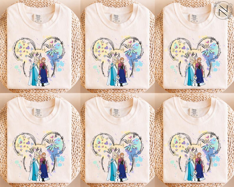 A collage of six white t-shirts featuring illustrations of characters from the Disney movie Frozen.