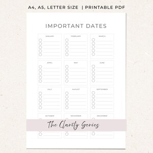 Important Dates Tracker Printable | Minimalist Planner Insert (A4, A5, US Letter) (Digital Download)