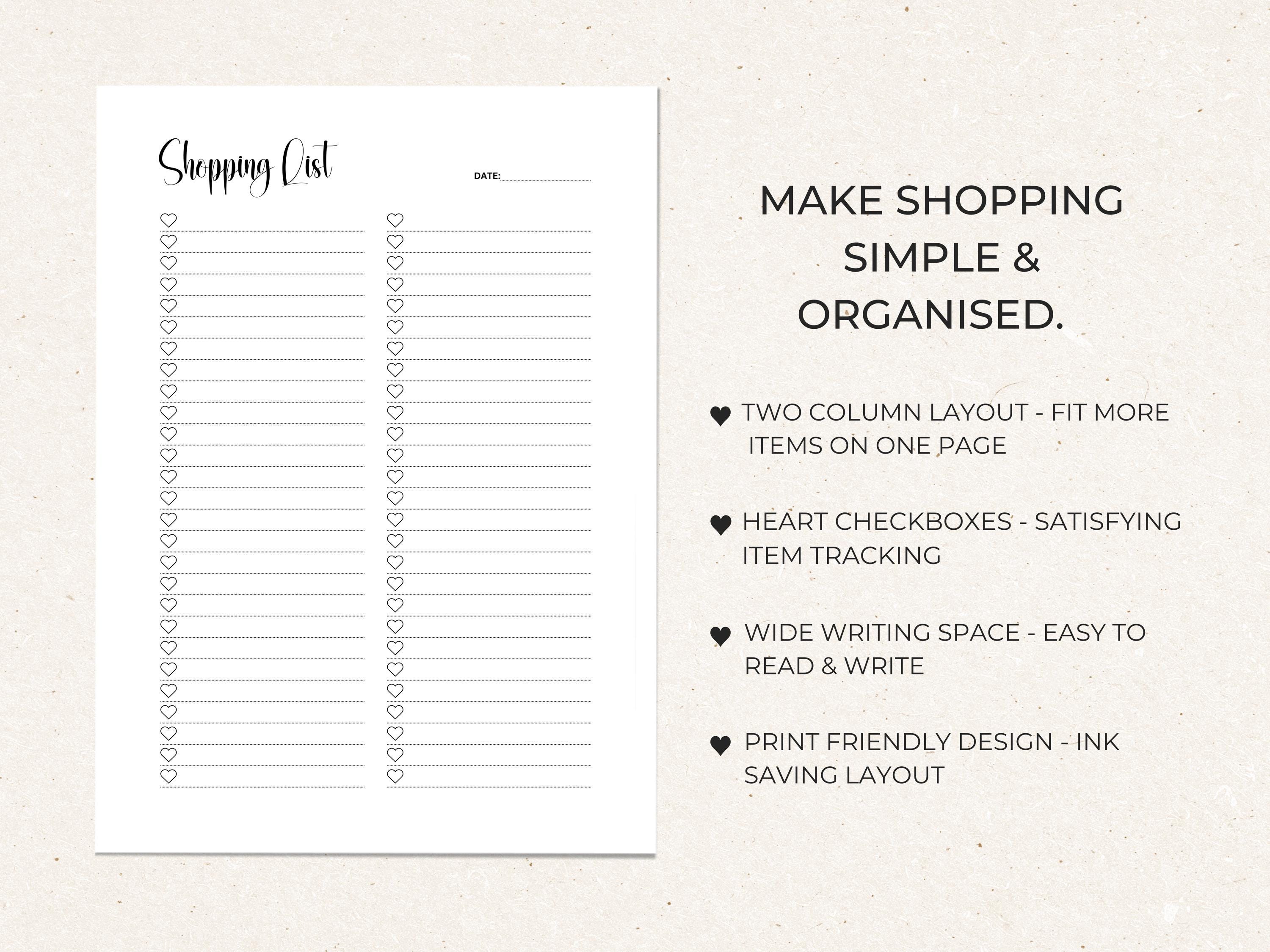 Shopping List Printable | Simple Grocery Checklist With Heart Checkboxes (digital Download, A4 ...