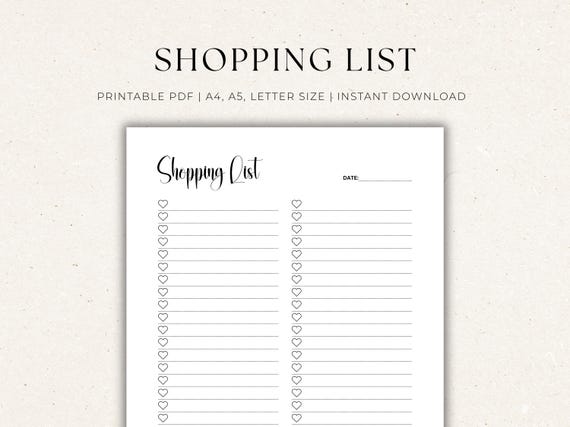 Printable Shopping List Template: Minimalist Grocery Planner ( A4/A5/US Letter Size)